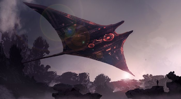 Futuristic manta ray spaceship over rocky alien landscape