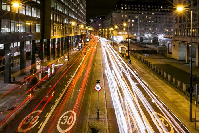Light painting of traffic on a London street at night 4K