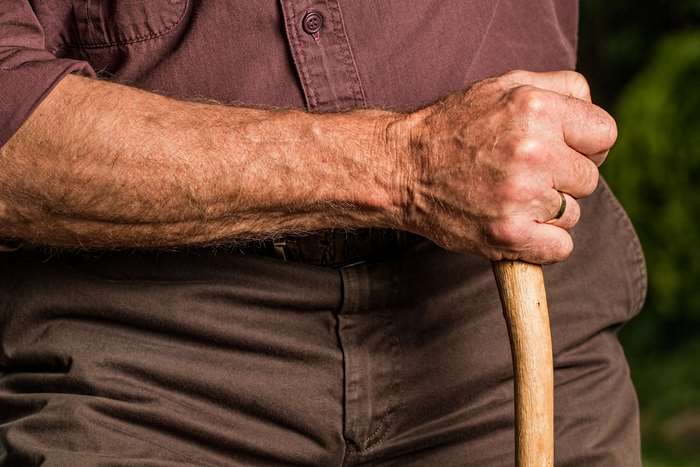 Elderly man's hand holding a walking stick