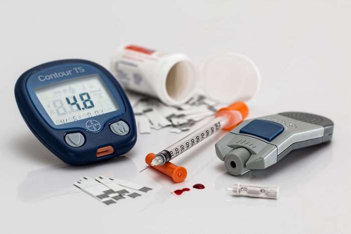 Diabetes testing kit with glucose meter, lancet, and syringe