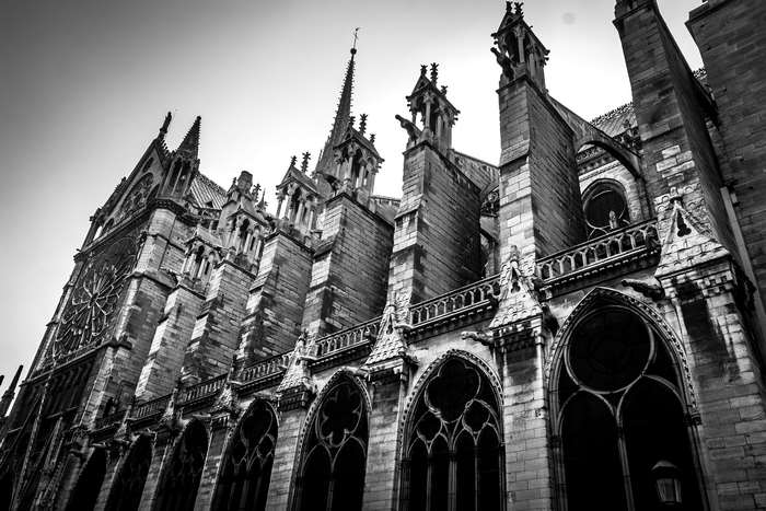 Notre Dame de Paris facade in black and white 4K