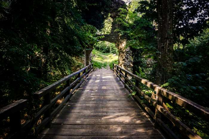 Wooden bridge leading to ancient stone ruins in a forest