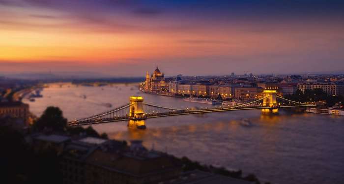 Chain Bridge and Hungarian Parliament Building at sunset, Budapest