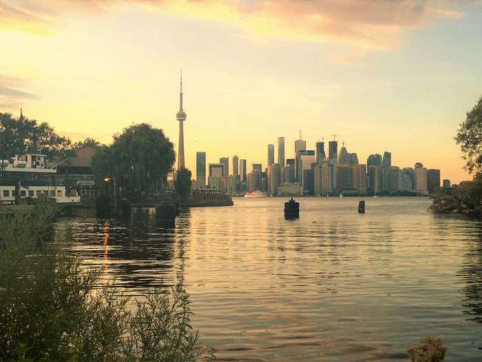 Toronto skyline and waterfront at sunset