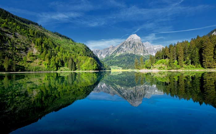 Mountain lake reflection with green forested slopes