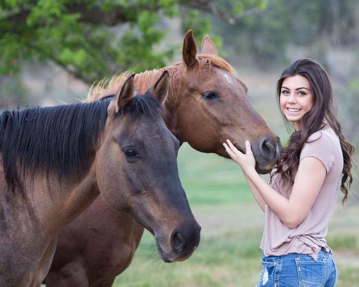 Young woman with two horses in a field