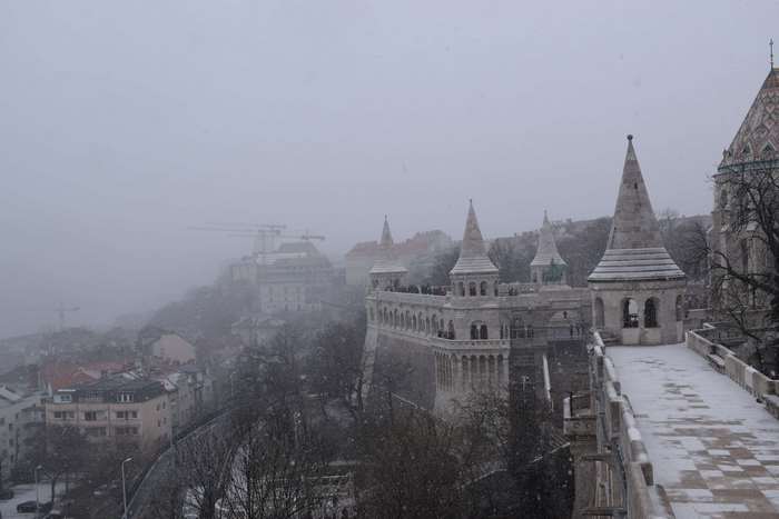Fisherman's Bastion in Budapest during winter snowfall