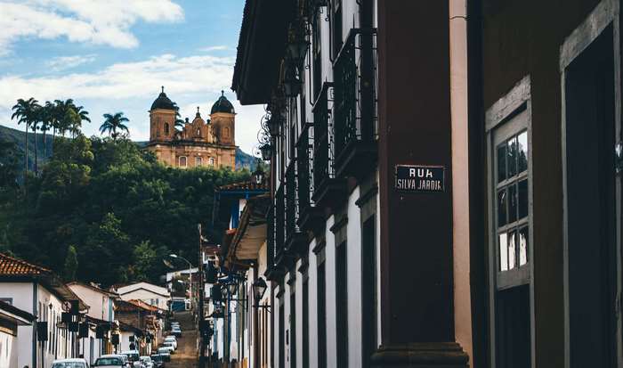 Street in Mariana, Minas Gerais, Brazil with Church