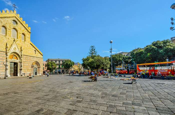 Piazza Duomo in Messina, Sicily with Cathedral and Buses