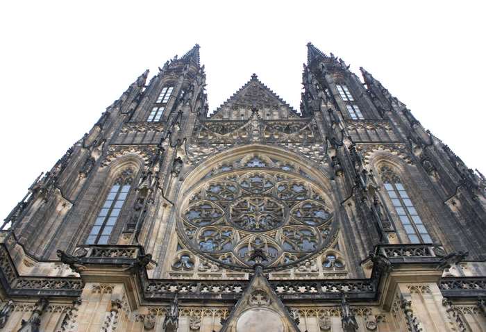 Gothic church facade with rose window