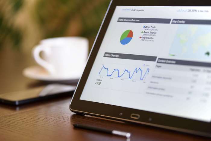 Tablet displaying analytics on a wooden desk with coffee