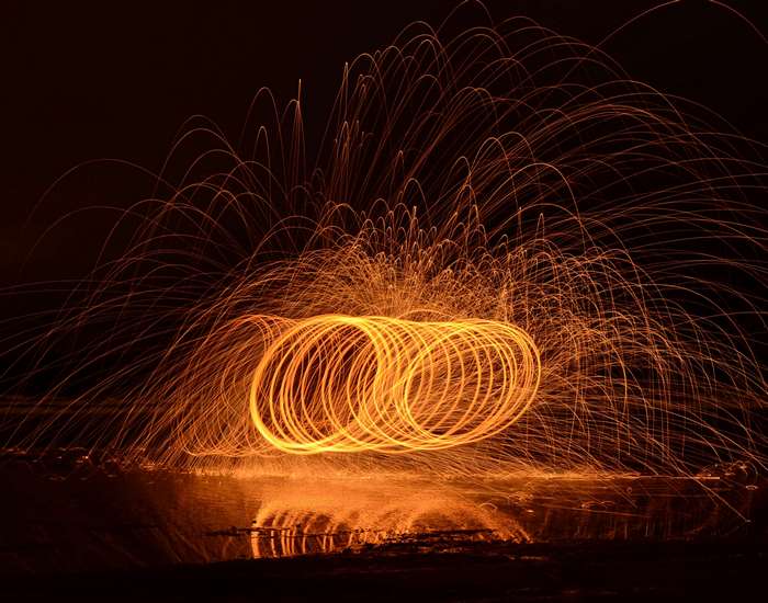 Steel Wool Spinning with Sparks and Reflections