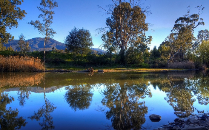 Reflective river with trees and mountains under a blue sky