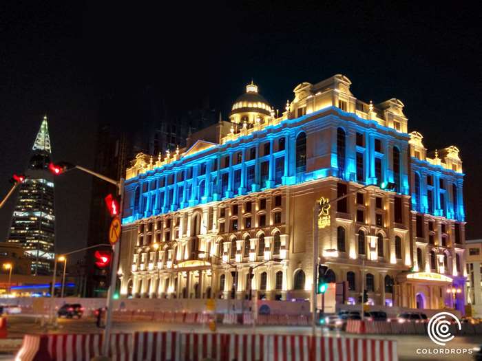 Illuminated building on Olaya Street, Riyadh, Saudi Arabia
