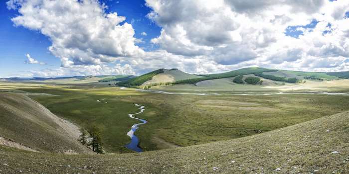 Vast Meadow with Winding River in Khuvsgul Region, Mongolia 4K