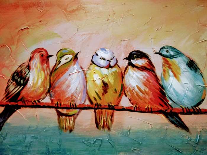 Painting of five colorful birds on a branch