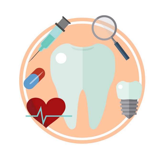Dental health icons: tooth, syringe, pill, heart, magnifying glass, implant 4K