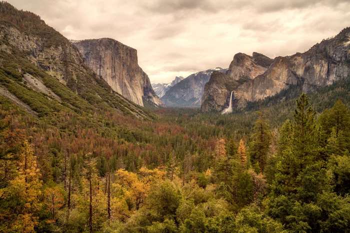 Yosemite Valley with Waterfall and Mountains in Autumn
