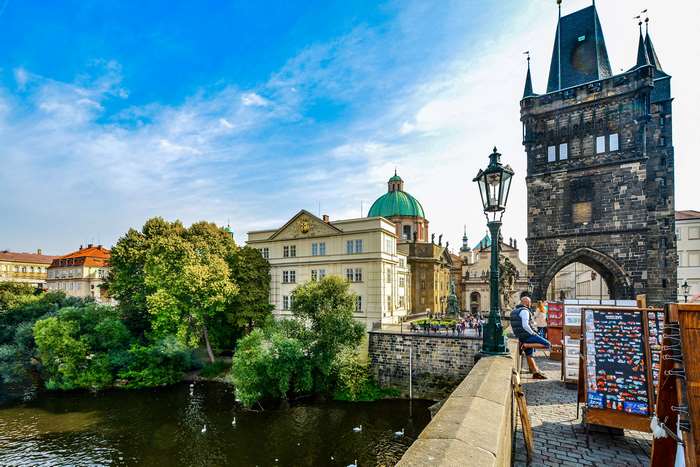 Charles Bridge Tower and buildings in Prague, Czech Republic 4K