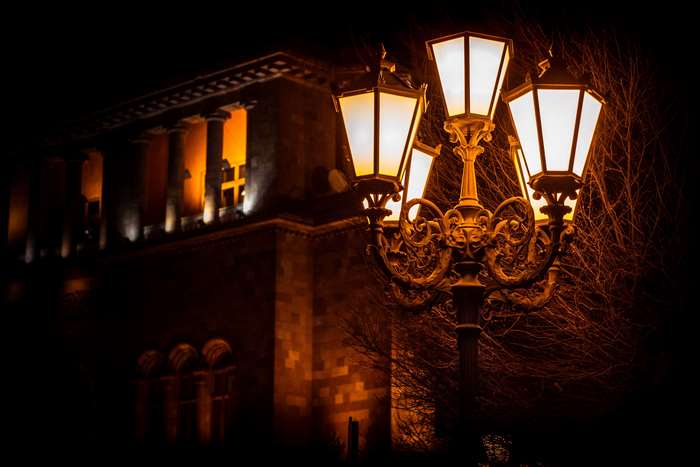 Ornate street lamp in front of a classical building at night