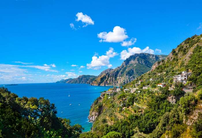 Coastal village on a mountainside overlooking the sea in Italy