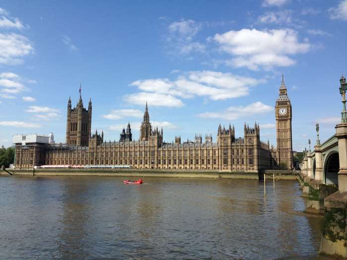 Palace of Westminster and Big Ben on River Thames, London