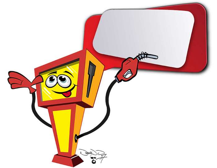 Cartoon gas pump with a fuel nozzle and sign