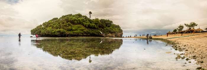 Panorama of a tropical island beach with people