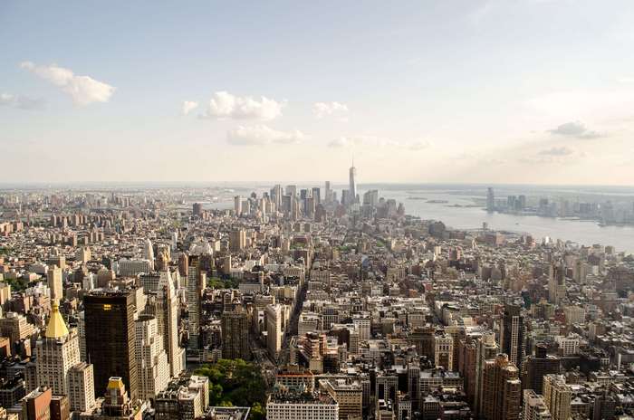 Aerial view of New York City skyline with One World Trade Center