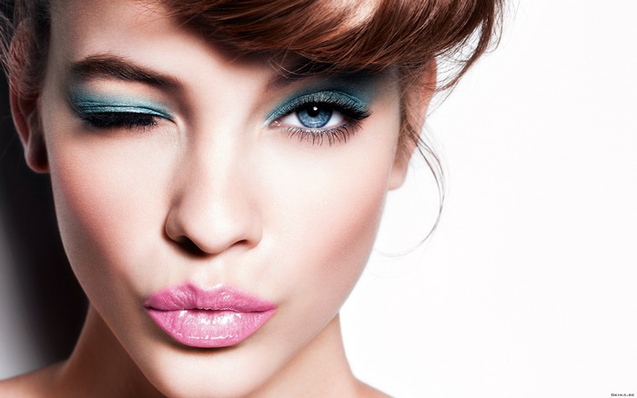 Barbara Palvin with blue eyeshadow and pink lips