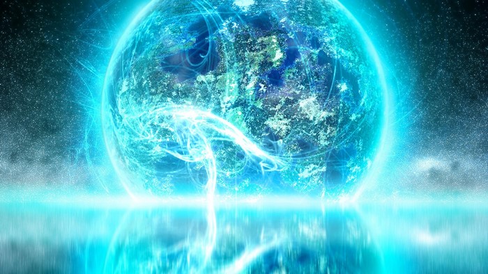 Glowing Planet with Energy Streams Reflected in Water