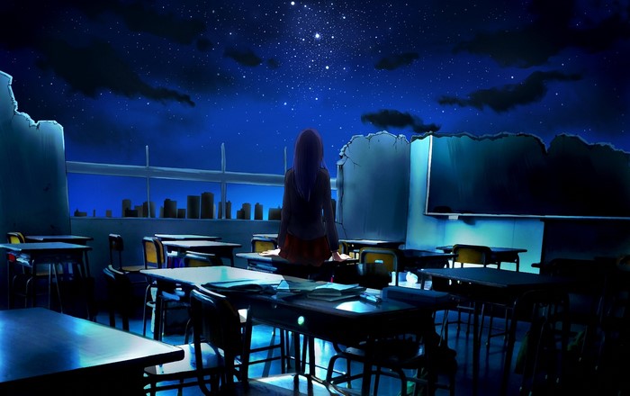Ayura in Empty Classroom Under Starry Night Sky