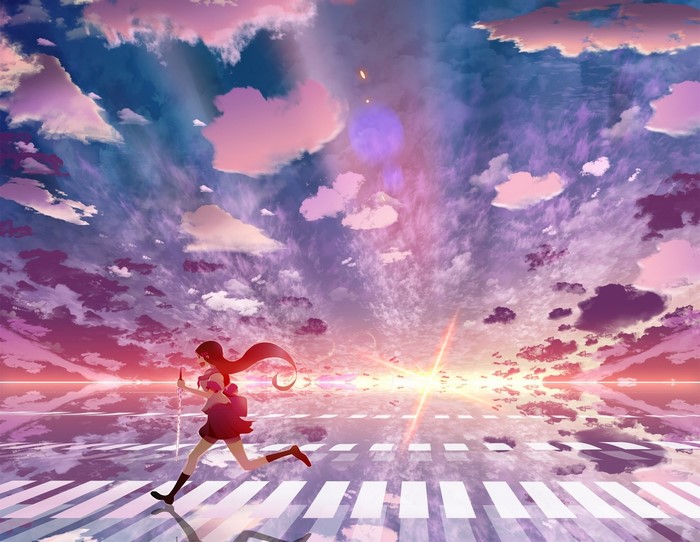 Anime girl running across a crosswalk under a colorful sky