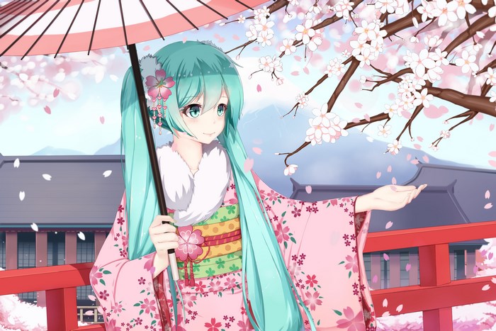 Hatsune Miku in Kimono under Sakura Trees