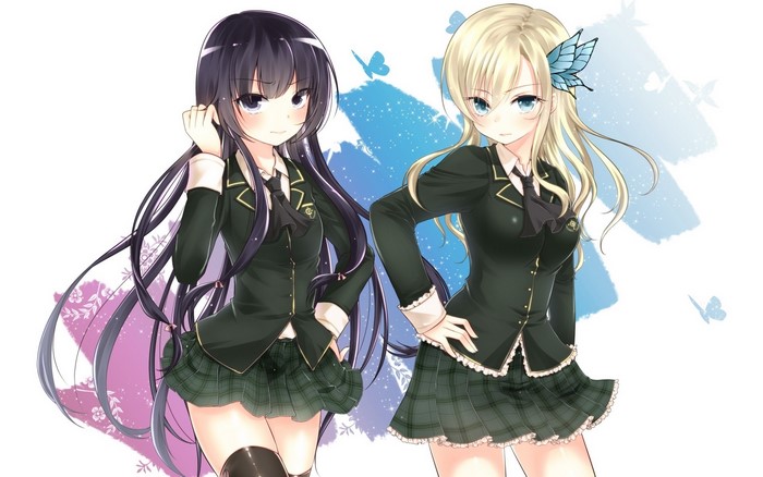 Anime Couple Blonde and Brunette in School Uniforms