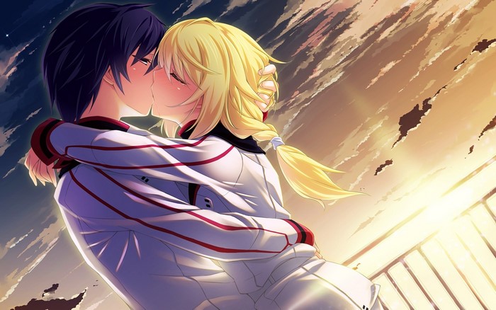 Anime boy and girl kissing at sunset