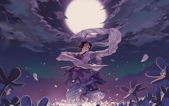 Anime girl dancing under the moon with flowers