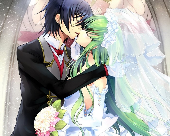 Lelouch and C.C. from Code Geass kissing at wedding