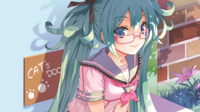 Anime girl with teal hair and glasses