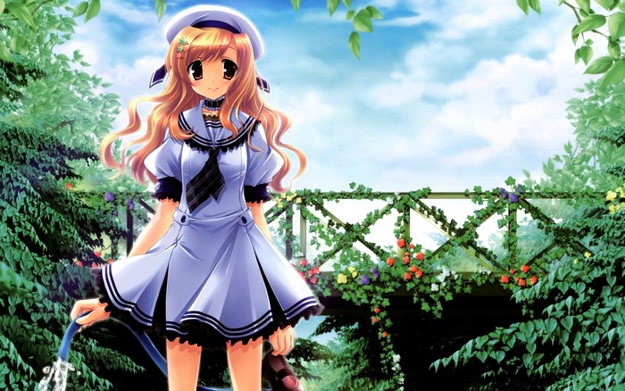 Anime Girl Watering Garden with Hose