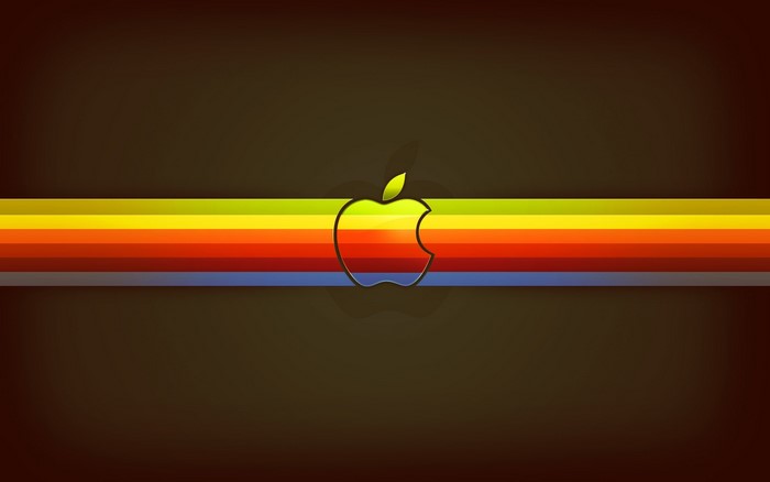 Apple logo with rainbow stripes on dark background