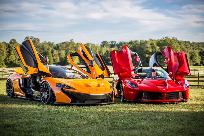McLaren P1 and Ferrari LaFerrari with doors open