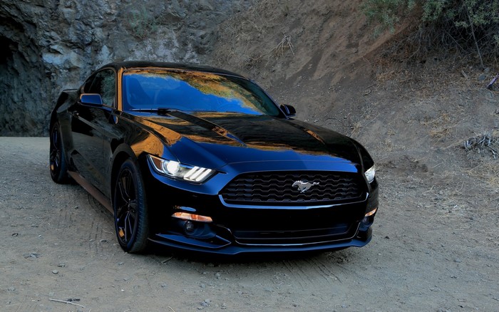 Black Ford Mustang parked on a dirt road