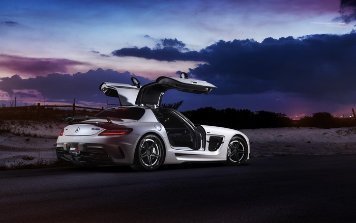 Mercedes SLS Black Series Renntech with Gullwing Doors at Dusk