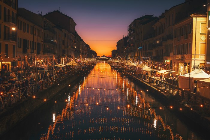 Canal market at dusk in Milan, Italy