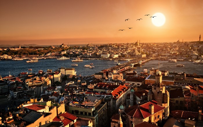 Istanbul cityscape at sunset with Golden Horn