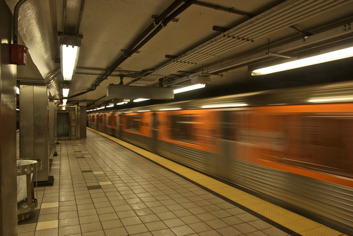 Subway train in motion underground