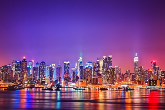 New York City skyline at night with Hudson River