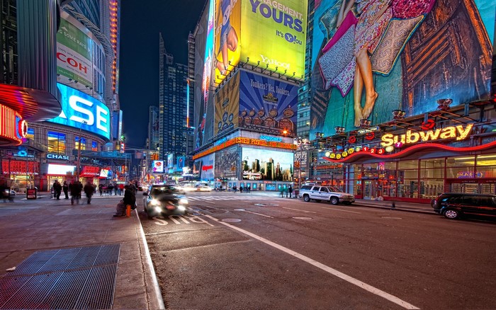 Times Square at Night with Chase and Subway Signs