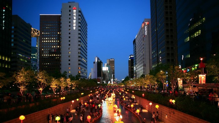 Cheonggyecheon Stream Seoul at Night with Lanterns